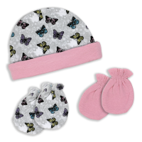 3-Piece Cap and Scratch Mitten Set: Pink Butterfly 