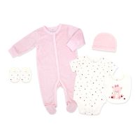 Girl's 5pc Ribbed Velour Set: Pink Bear