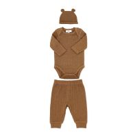 Neutral 3pc Faux Sweater Jacquard Rib Pant Set: Brown