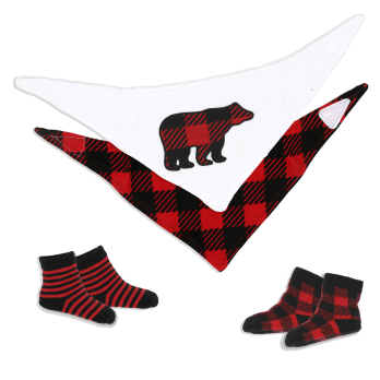 4 Piece Bib and Sock Set: Red Buffalo Bear