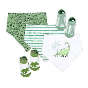 5 Piece Bib and Sock Set: Sage Green Dino
