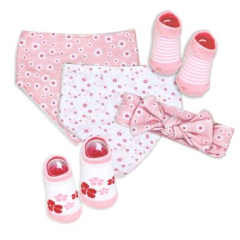 5 Piece Bib, Headband and Sock Set: Pink Flowers