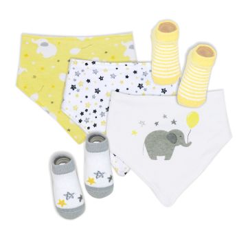 5 Piece Bib and Sock Set: Yellow Elephant and Balloon