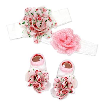 3pc Chiffon Headband & Sock Set: Pink Flowers