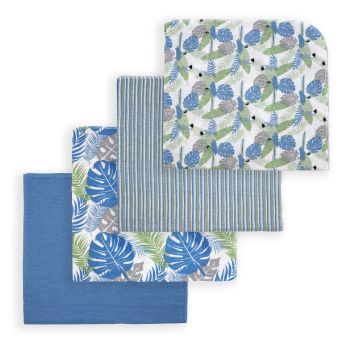 4 Pack Flannel Receiving Blankets:  Blue Parrot 