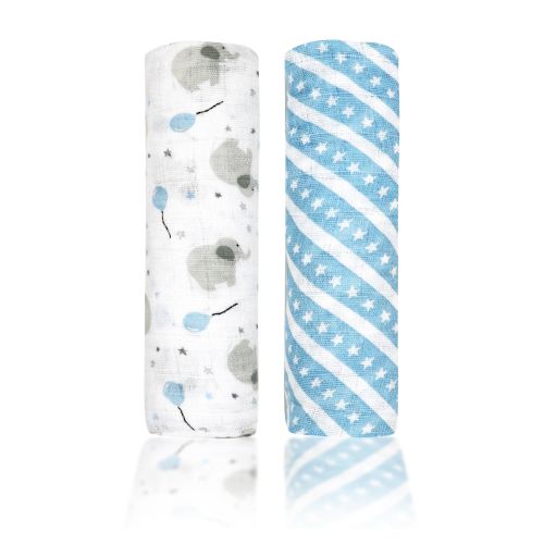 2 Pack Muslin Swaddle Blankets: Blue Elephant & Balloons