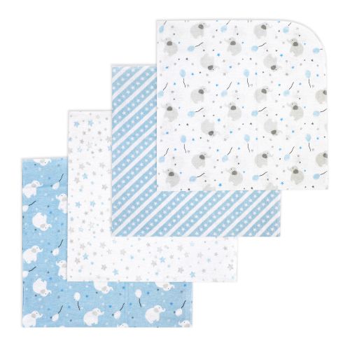 4 Pack Flannel Receiving Blankets:  Blue Elephant & Balloon 