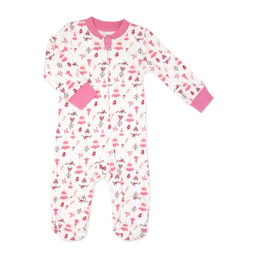Girl's NB Zipped Cotton Christmas Sleeper: Pink Snowman 